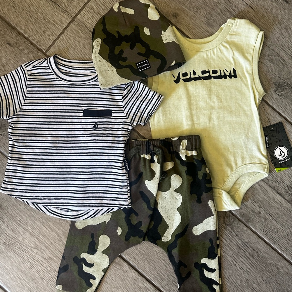 Volcom Baby Boys Striped Tee Lime Green Onsie and Camo Set